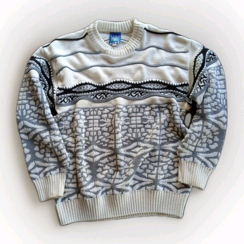 Vintage FINE LINE Sweater M Textured 3D Coogi-Style Knit Gray White Unisex